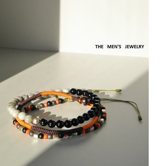 New men's jasper & sterling silver & Orange hand woven 3 pieces set bracelets - Picture 4 of 9